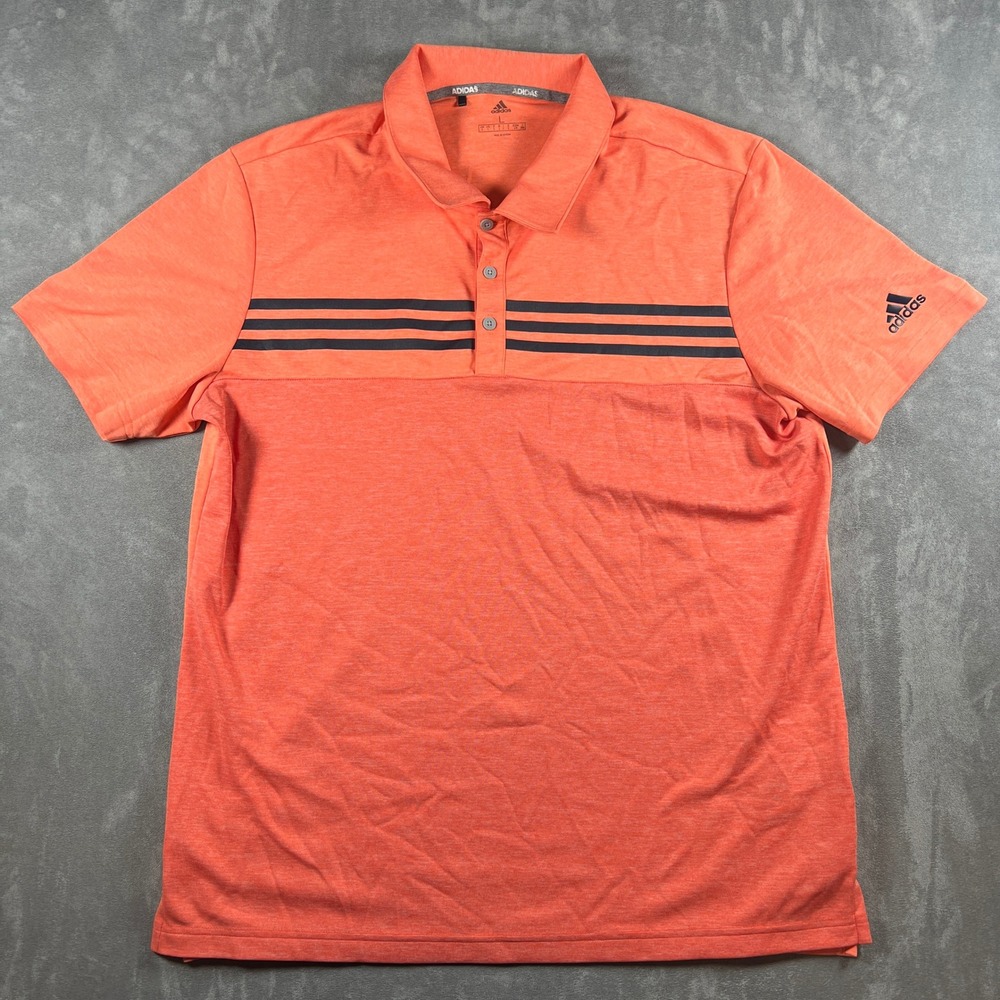 Adidas Golf Polo Mens Large Orange Heathered Black 3 Stripe Short Sleeve Shirt